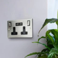 Status 2 Gang 13 Amp 2 USB Stainless Steel Wall Socket
